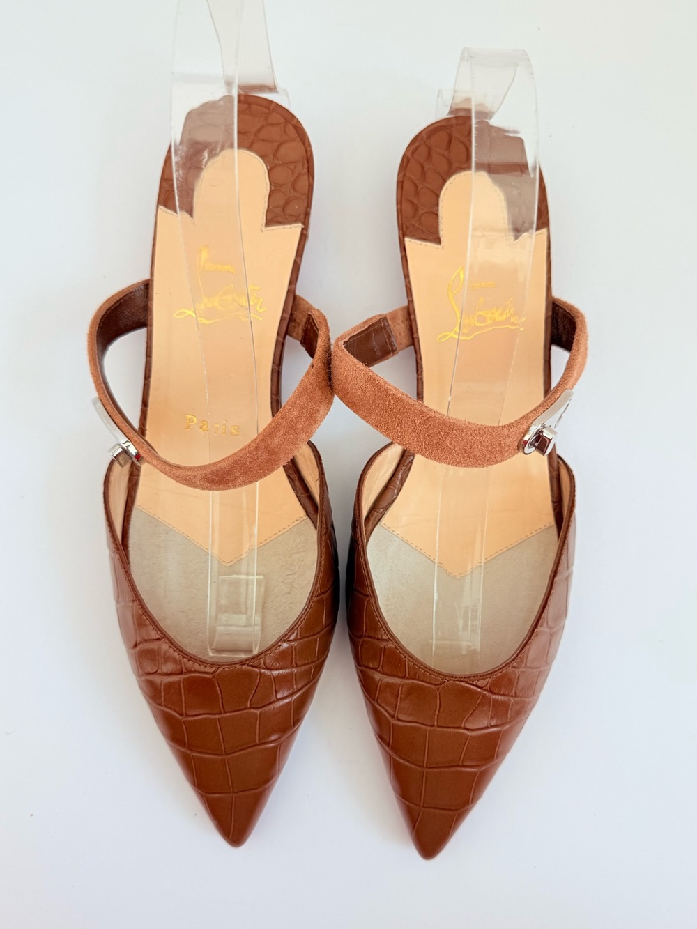 Christian Louboutin Choc Lock Biscotto Croc Embossed Pointed Toe Flats EU 38